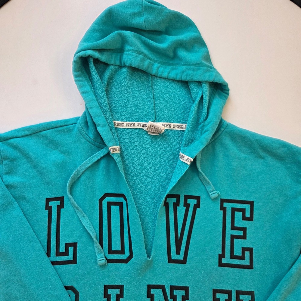 Victorias Secret PINK Hoodie Teal Blue Love Pink Graphic High Low Hem Large - Picture 2 of 10